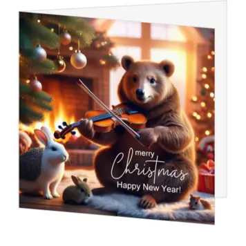 Kerstkaart met dieren bij de kerstboom