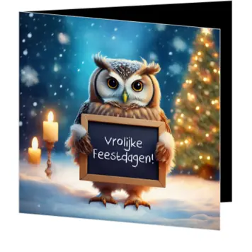 Winterse kerstkaart met uil en krijtbord
