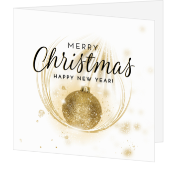 Stijlvolle kerstkaart met gouden kerstbal