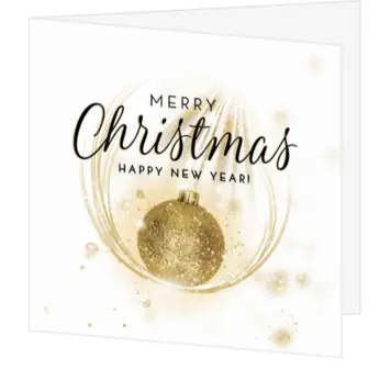 Stijlvolle kerstkaart met gouden kerstbal