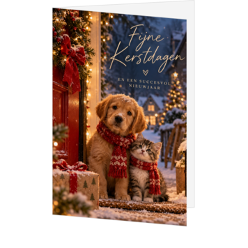 Kerstkaart met hond en kat in besneeuwde wintersfeer