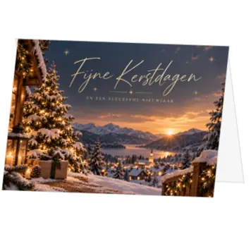 Kerstkaart met besneeuwd berglandschap en warme lichtjes