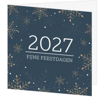 Kerstkaart met sneeuwkristallen en jaartal 2027