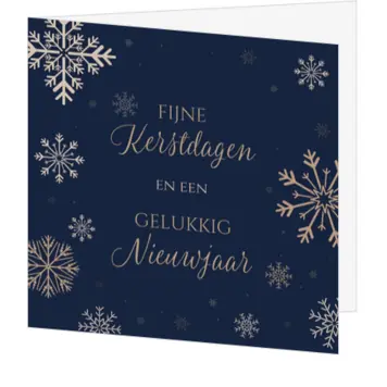 Kerstkaart donkerblauw met sneeuwkristallen