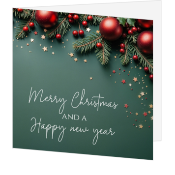 Kerstkaart groen met rode kerstballen, kersttakken en sterren