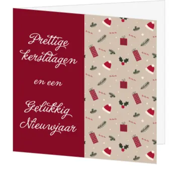 Kerstkaart rode balk met kerstpatroon met cadeaus en kerstmutsen