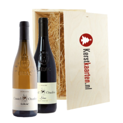 Bedrukte dubbele wijnkist met een fles rode en witte wijn - Castel Oualou Lirac