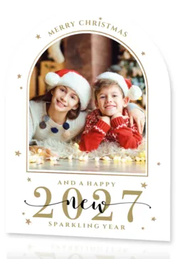Kerstkaart met foto in boogvorm en gouden 2027