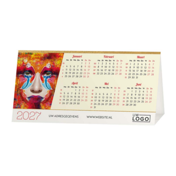 Kerstkaart met kalender 2027 en kleurrijk maskerdesign