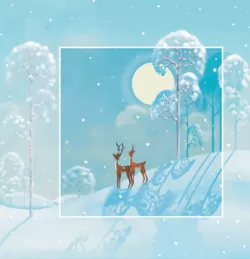 Kerstkaart met herten in blauw winterlandschap