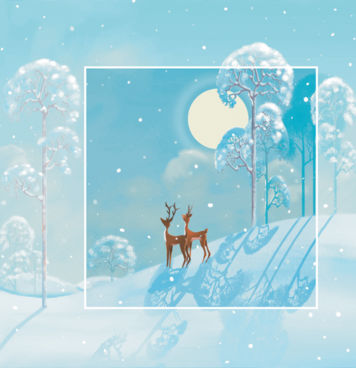 Kerstkaart met herten in blauw winterlandschap
